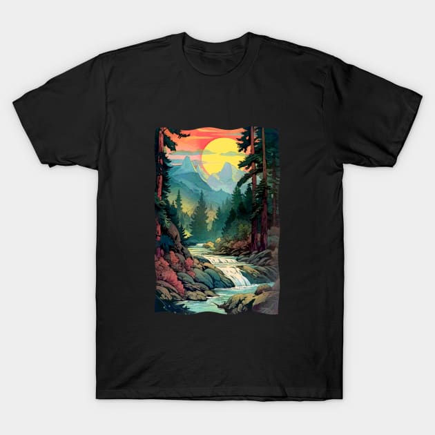 Mountains River Trees with Sunrise T-Shirt by Pine Hill Goods